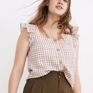 Madewell Gingham Seersucker Ruffle-Strap Button-Up Tank Top